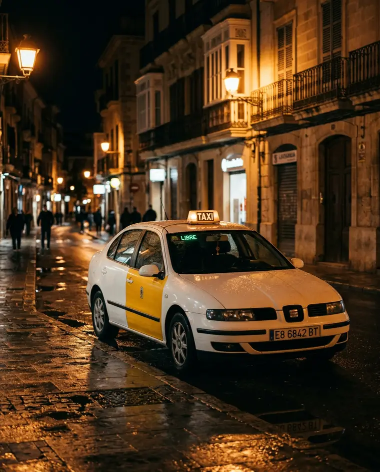 Taxi esperando de noche en una calle empedrada, con la luz del techo encendida